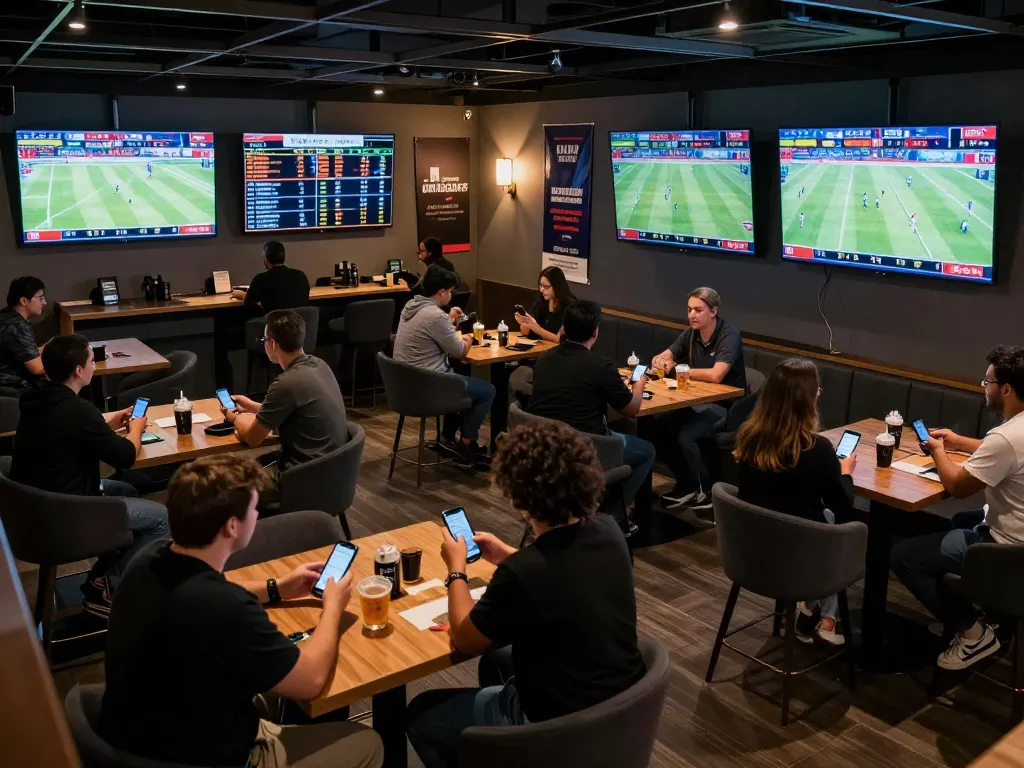 Engaged bettors analyzing odds and placing bets at the lively qq88 sports betting lounge during a game night.