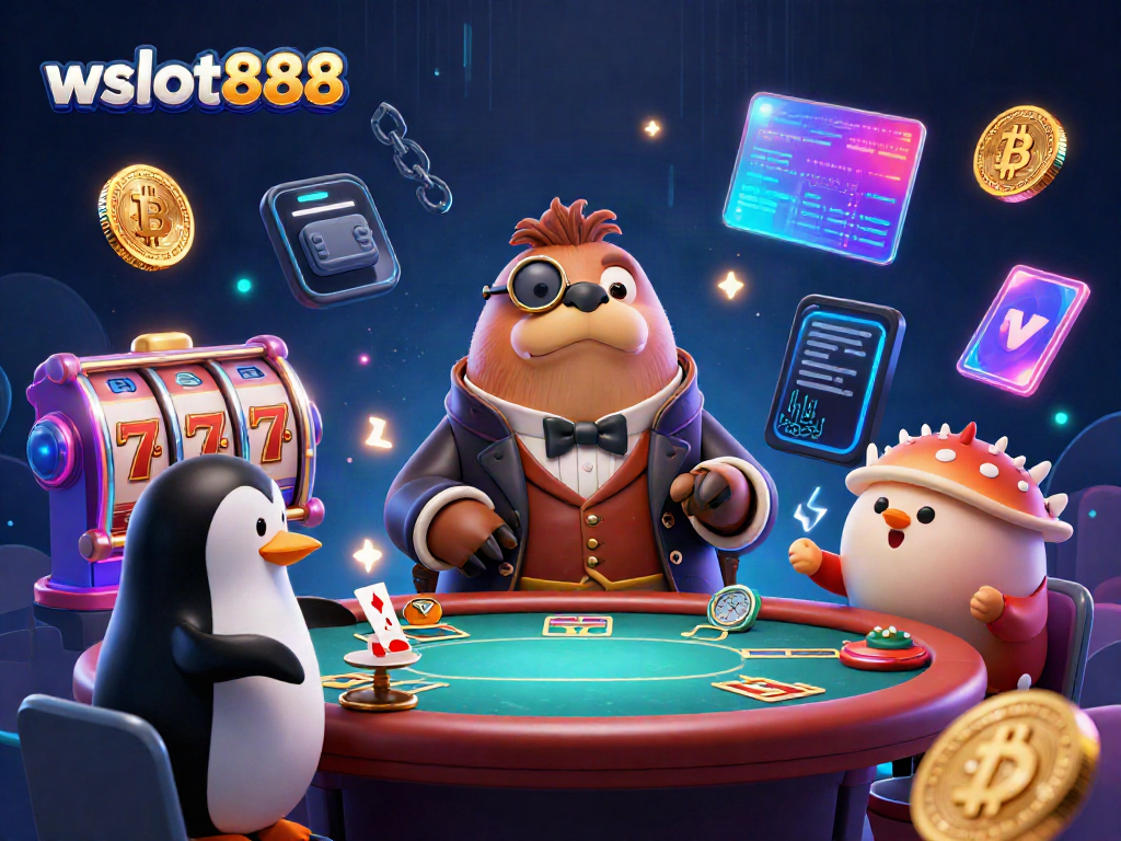 Gambarlah suasana ikonik wslot888 dengan walrus gembira dan dealer penguin di meja poker bawah laut.