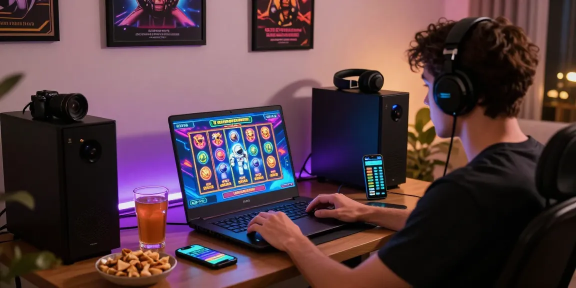 Person enjoying spaceman-themed online slot game at home with vibrant atmosphere.