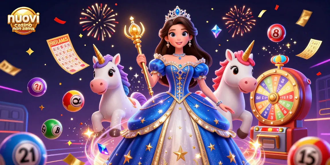 Vivi l'emozione nei nuovi casino non AAMS con una scena vibrante piena di giochi, personaggi e magia.