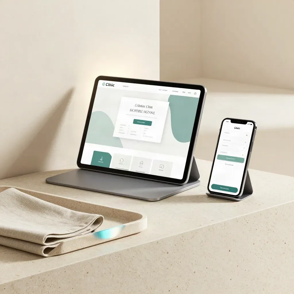 Tablet kiosk and phone on satin stands with abstract booking screens, stone tray, linen cloth
