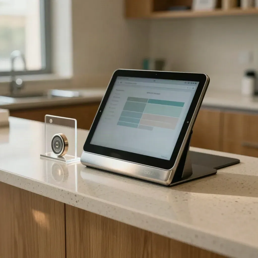 Low-angle clinic counter vignette with tablet, token puck, and privacy stand in warm afternoon light.