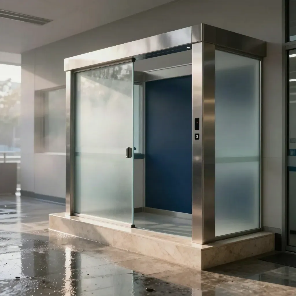Rain-wet clinic entry mockup with brushed metal wayfinding, frosted glass and kiosk shell