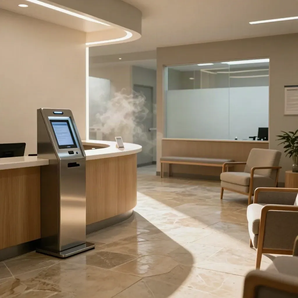 Empty clinic reception with kiosk, chairs, and morning light through a steamy lobby.