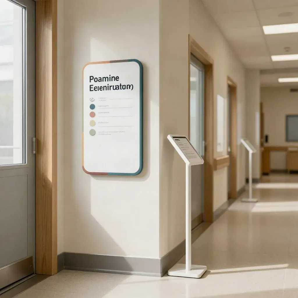 Empty pediatric corridor with room plaques, door blades, and check-in stands in warm daylight.