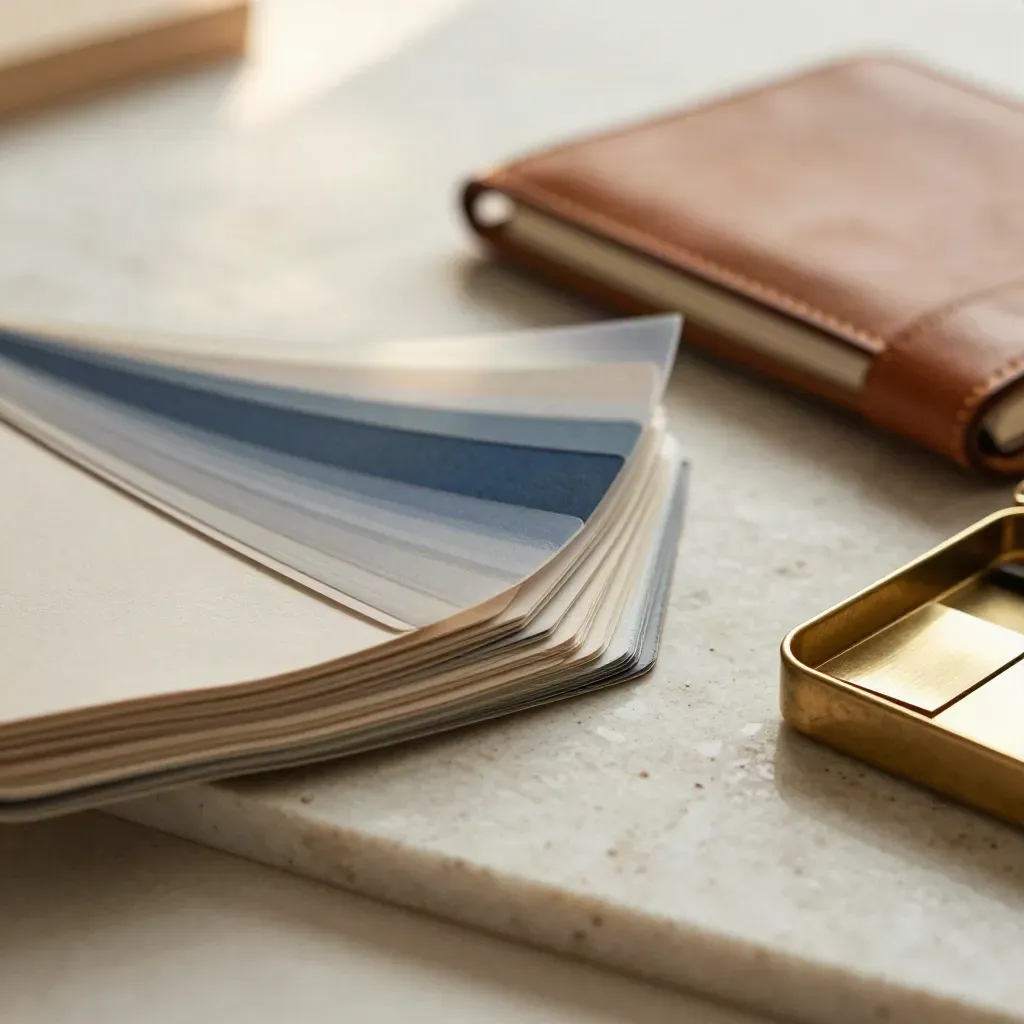 Macro swatches, leather notebook, acetate overlays, and brass chips on travertine.