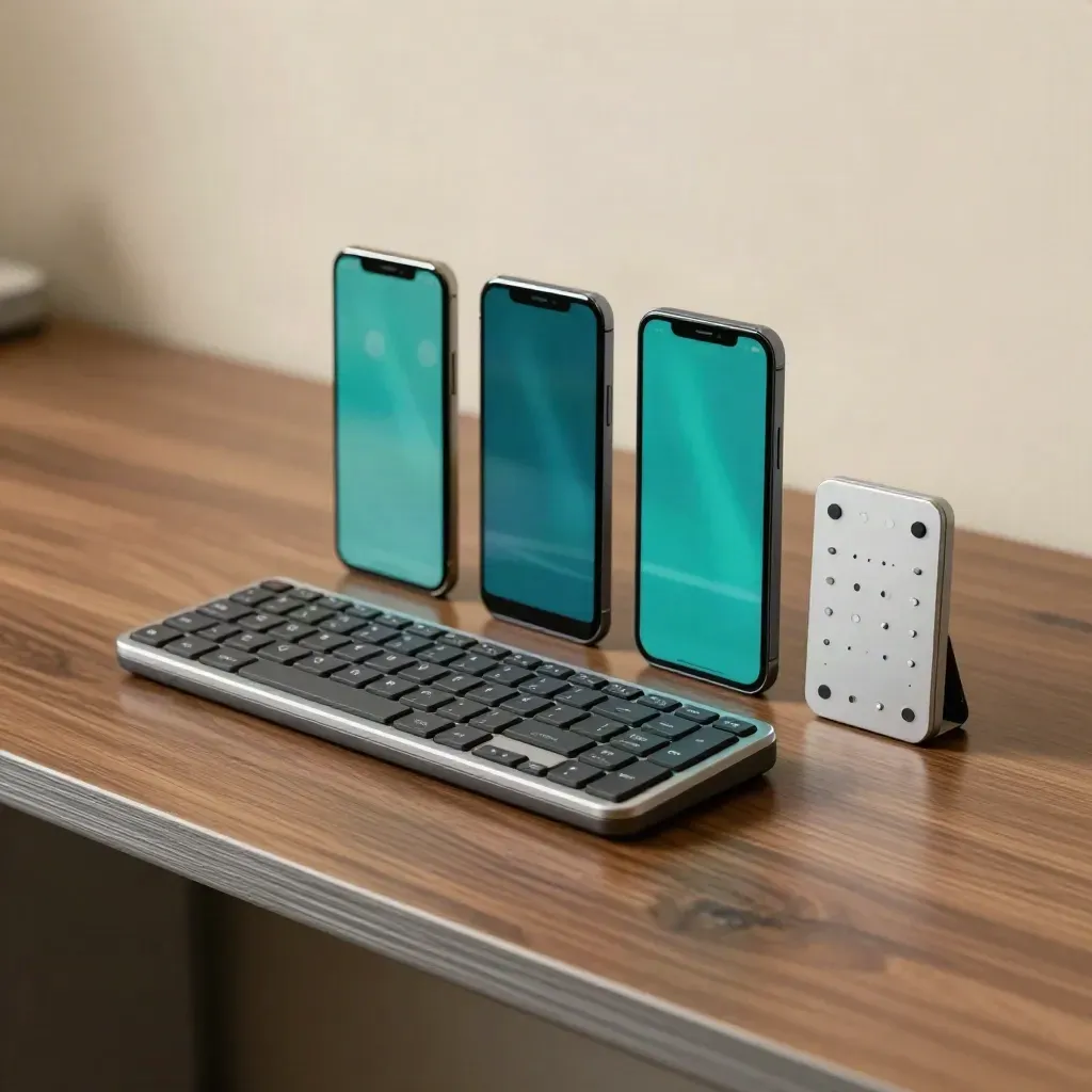 Three test phones, a tactile keypad, and accessibility tiles on a warm workstation with teal glow.
