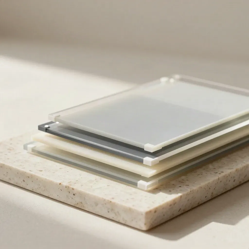 Acrylic proof boards and neutral sample squares layered on pale travertine in soft daylight.