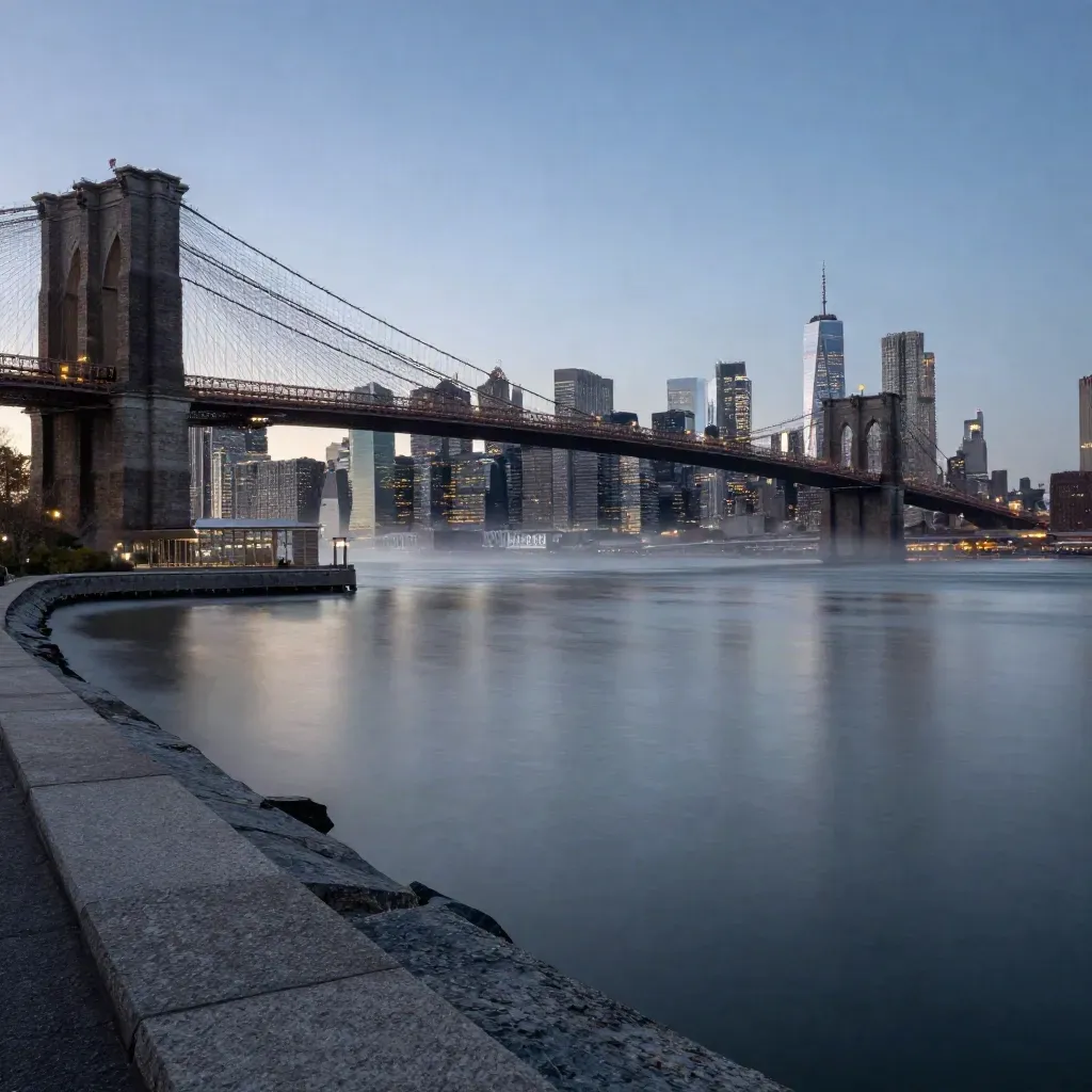 New York skyline and Brooklyn Bridge at blue hour with mist over the river