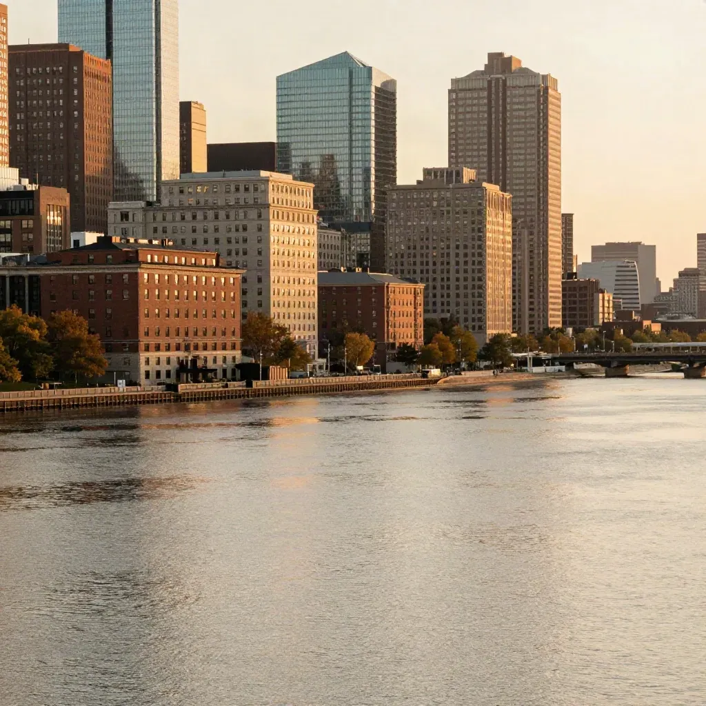 Boston Back Bay and the Charles River glowing at sunset, skyline high and water calm below