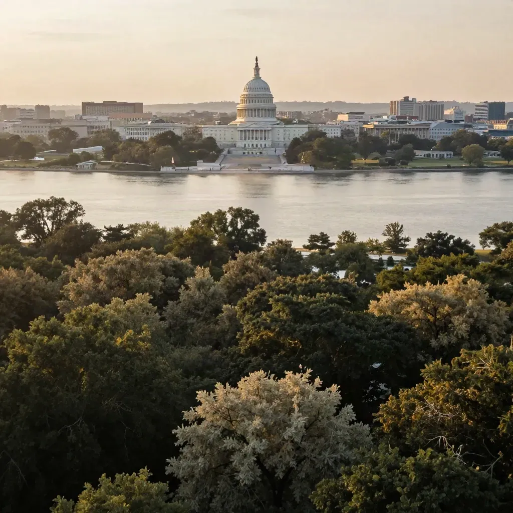 Hazy aerial view of Washington DC across the Potomac with the Capitol dome above calm tree canopy.