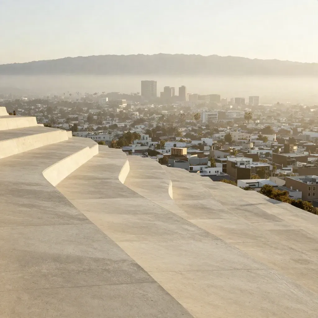 Hazy Los Angeles basin with concrete terraces, distant mountains, and calm copy space below