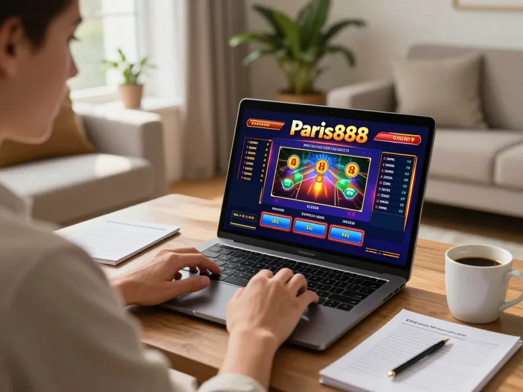 Engage with Paris888 while playing exciting online slots at home, showcasing vibrant gameplay.