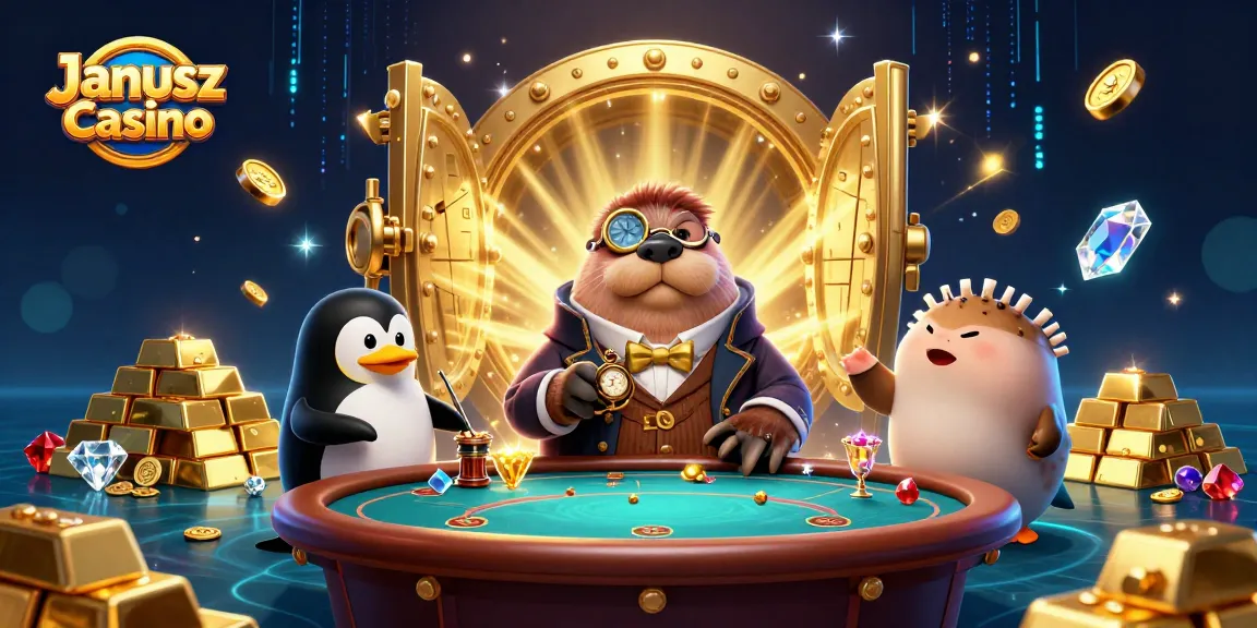 Gra w Janusz Casino z urokliwymi postaciami i skarbami w tle, emocjonujące sceny hazardowe.