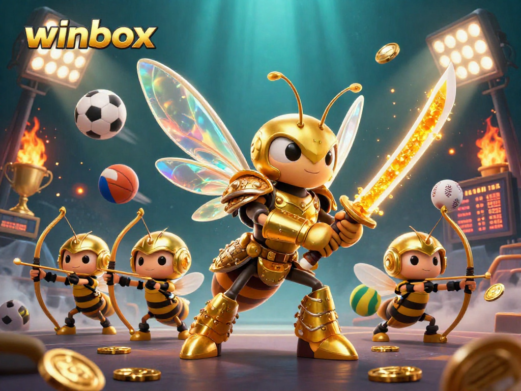 Winbox features a golden hornet in samurai armor surrounded by dynamic sports elements, emphasizing thrilling gaming.