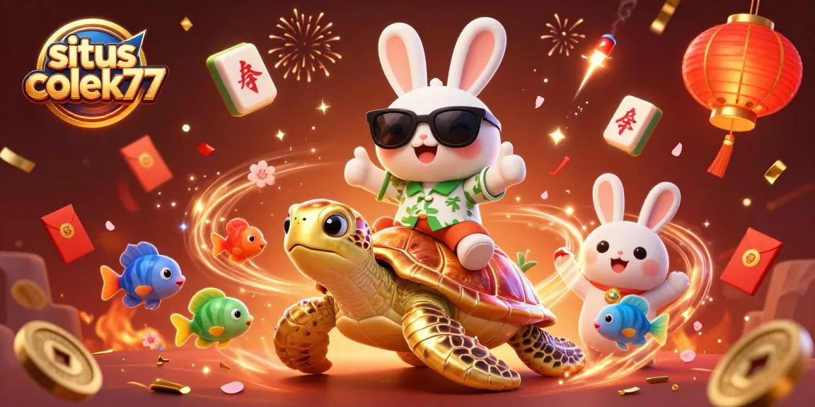Join the excitement at situs colek77 as the lucky rabbit rides a golden turtle amidst casino-themed celebration.