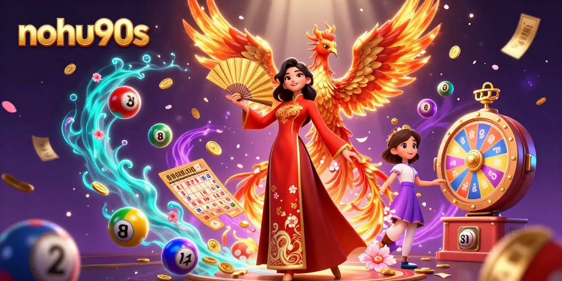 Nohu90s brings exciting gaming with vibrant lottery elements, a beautiful woman in traditional dress, and a stunning phoenix.