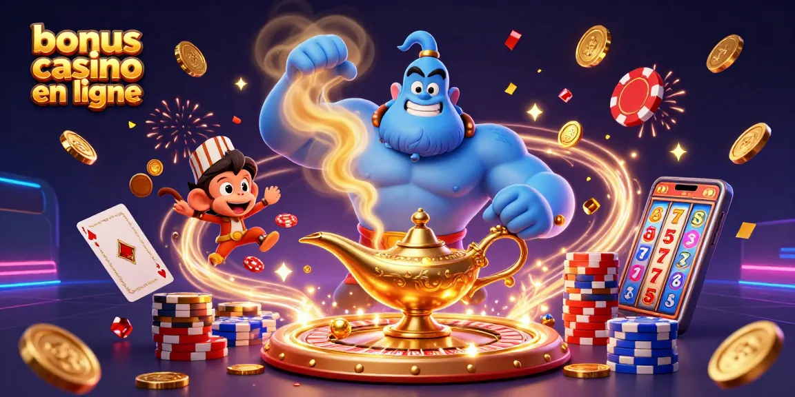 Offrez-vous un bonus casino en ligne avec une représentation dynamique d'un génie, des pièces d'or et des cartes à jouer.