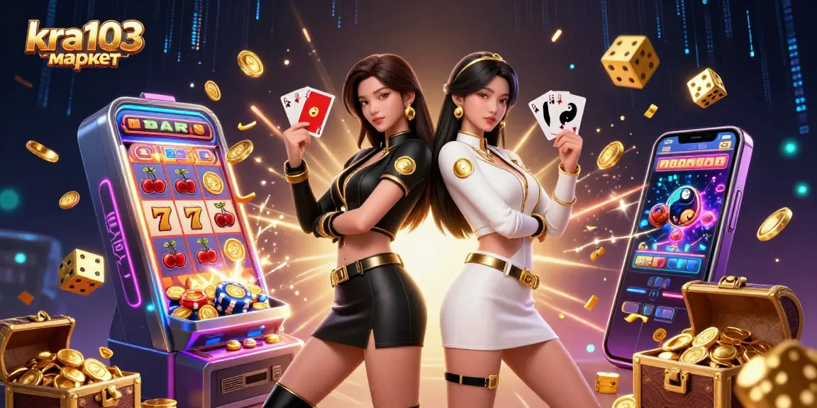 Engage with kra103 маркет as twin Asian women showcase their excitement with playing cards amid casino splendor.