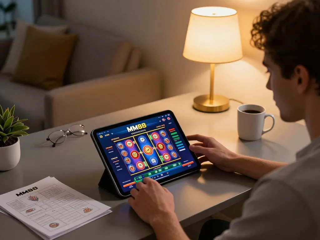 Engaging in the trải nghiệm cá cược tại nhà cái MM88 through a tablet with a vibrant slot game.