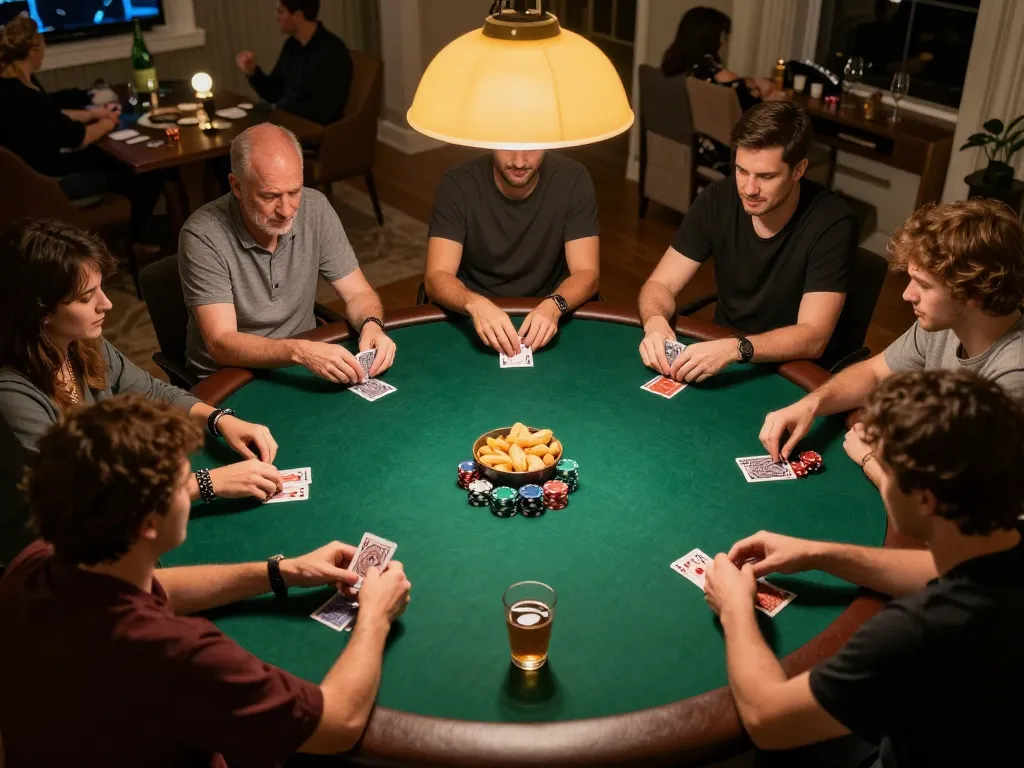 Engaged players at a private home poker night, showcasing เว็บตรงสล็อต strategies and enjoyment of card gaming.