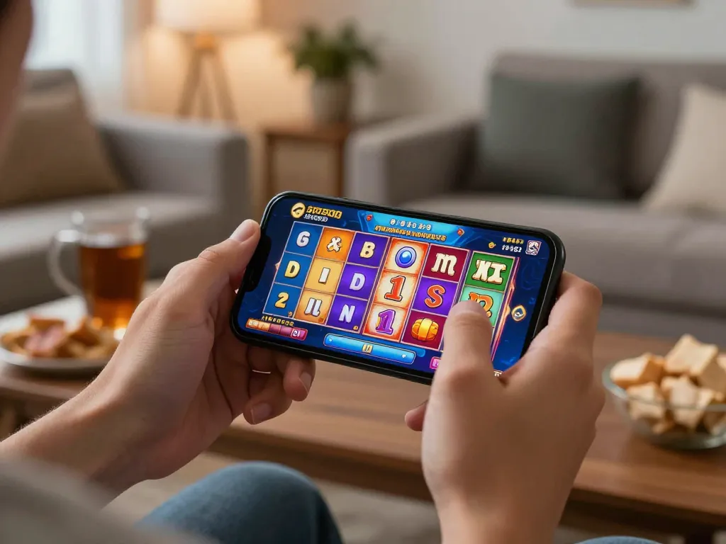 Engaging with situs gacor slot game on smartphone in cozy living room environment