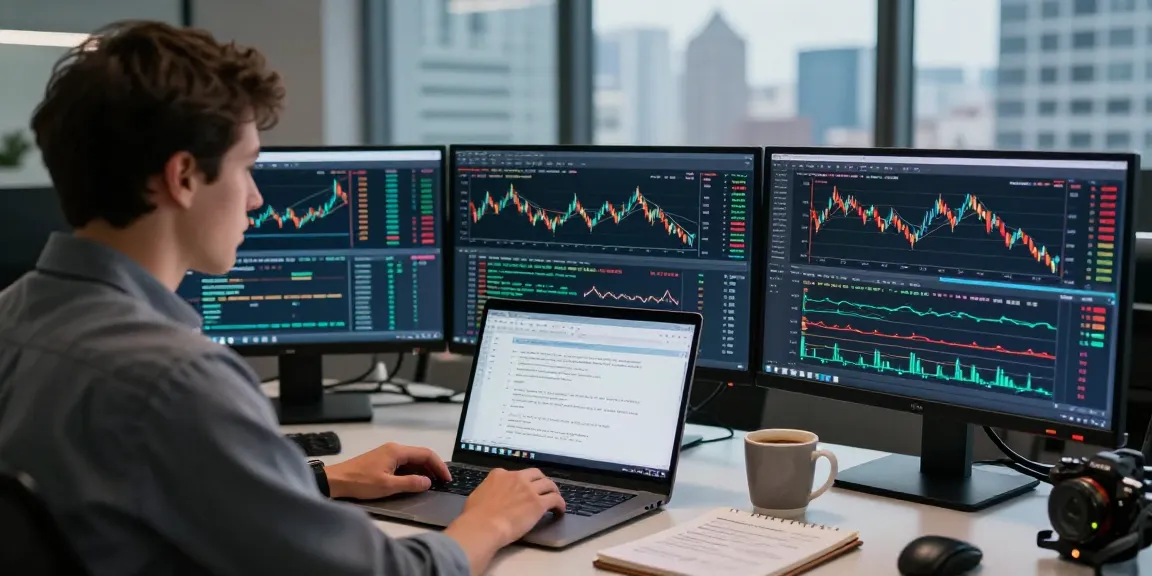 Traders using mt4 trading platform with forex charts and market analysis in a modern office.