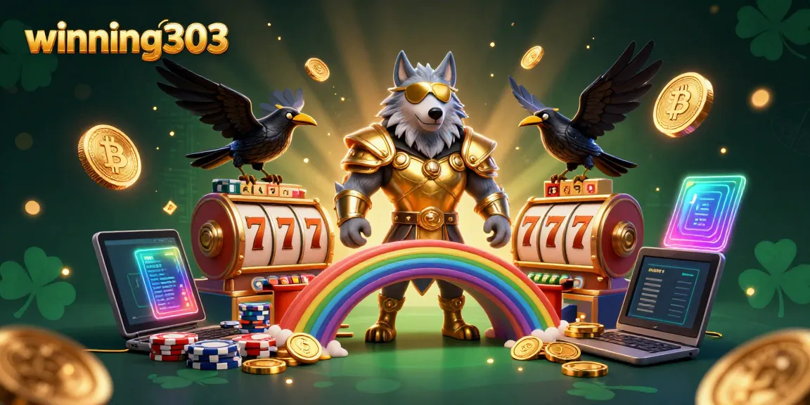 Winning303 interactive slot scene with Norse character and glowing crypto elements.