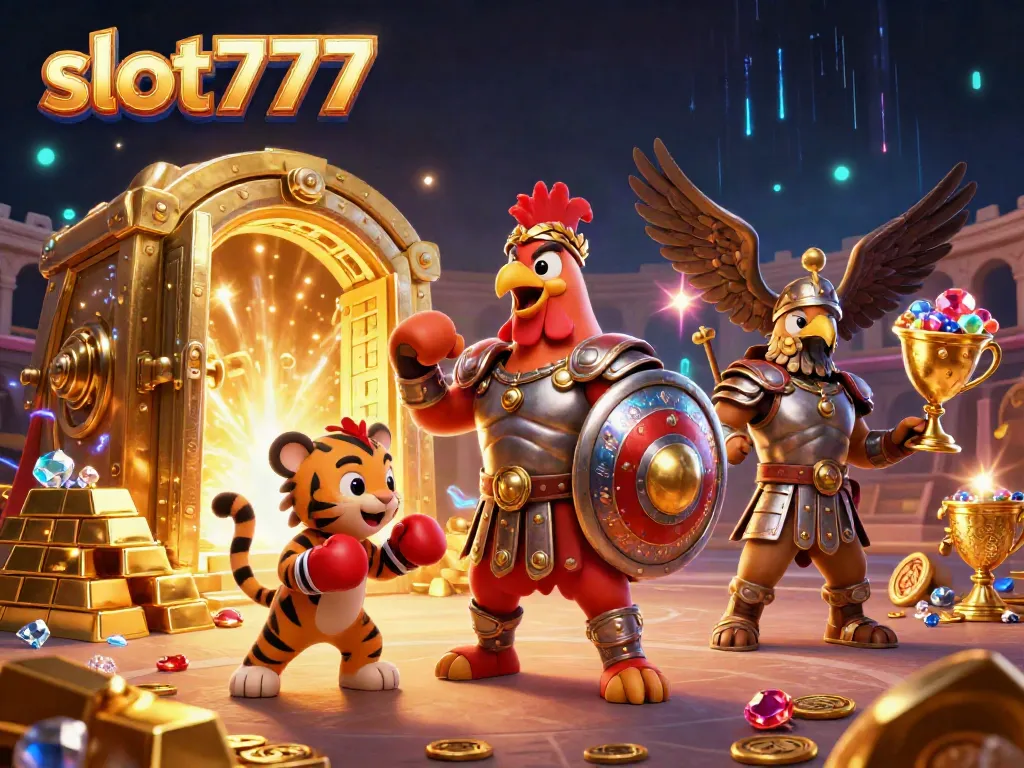 Memenangkan slot777 dengan kombinasi karakter petarung dan simbol judi yang memukau.