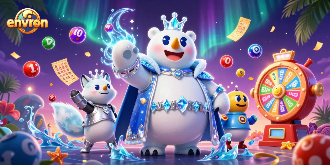 Engage with environ's vibrant 3D casino scene featuring a polar bear king and fox in a lively gaming atmosphere.