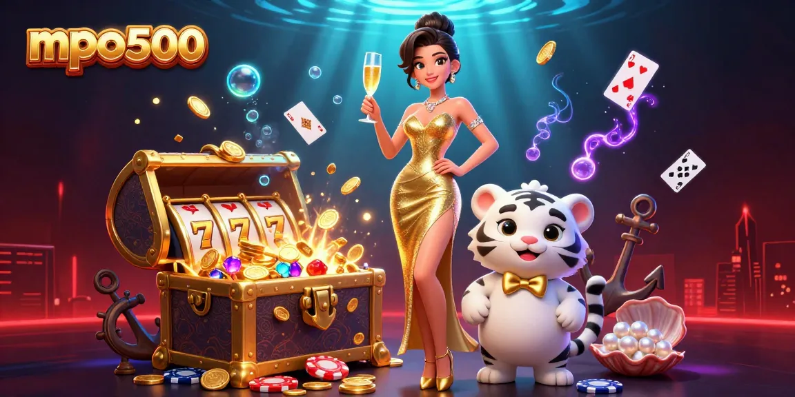 Play slots with mpo500, featuring a lucky tiger and a glamorous lady in a vibrant casino scene.