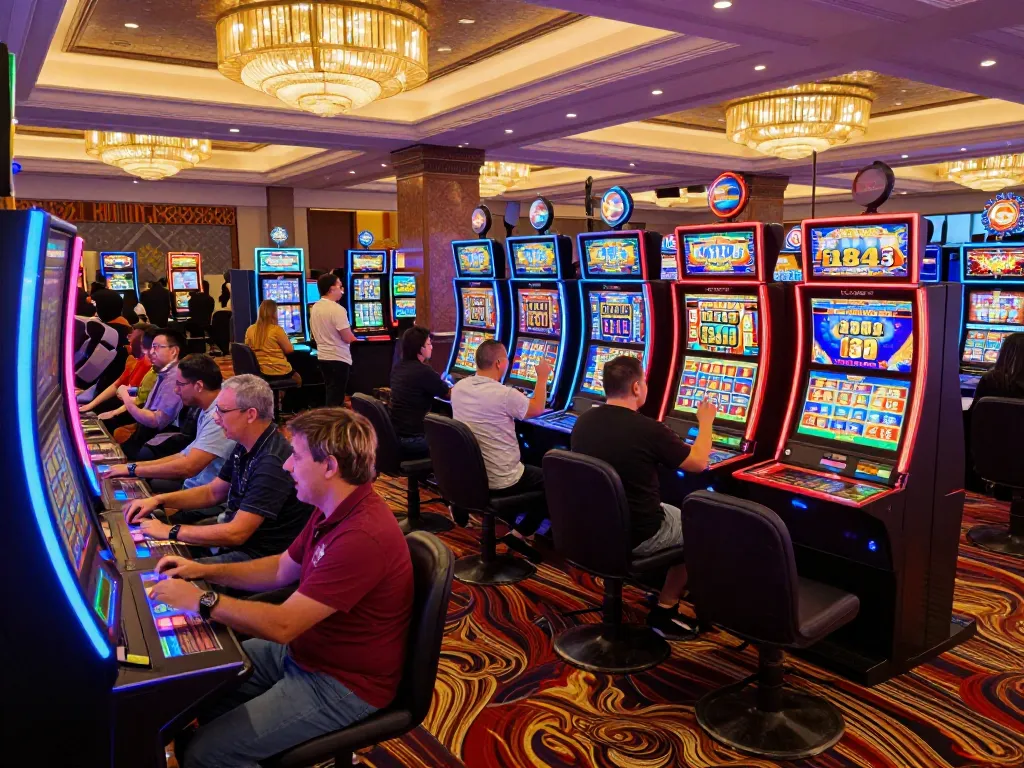 Experience slot gacor gampang menang excitement while playing vibrant slot machines in a lively casino.