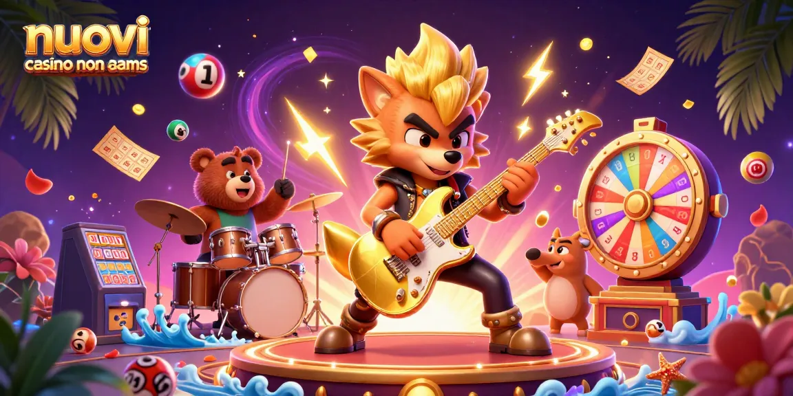 Unisciti all'emozione dei nuovi casino non aams con una scena vibrante che presenta un lupo rockstar e un'orsa batterista.