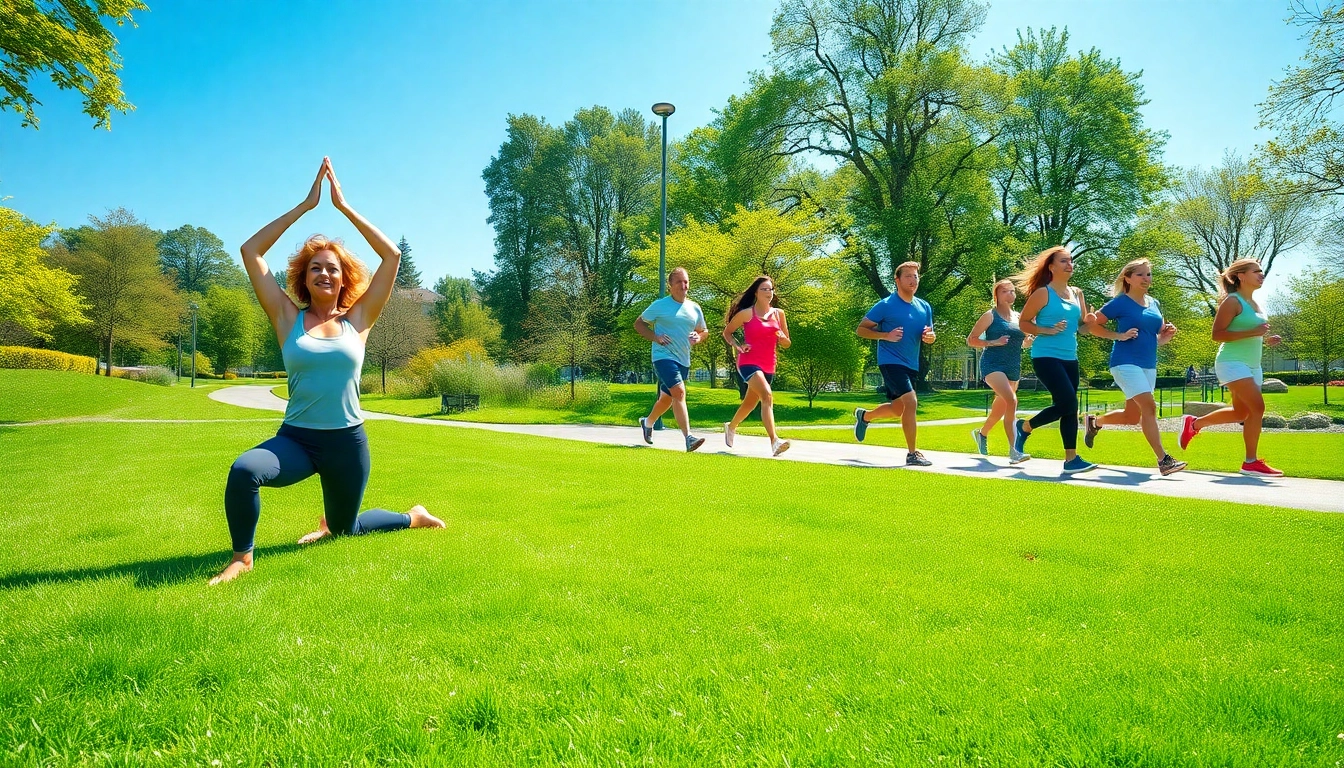 Promote health and well-being with diverse individuals engaging in yoga and jogging outdoors.
