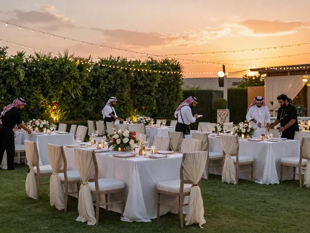 Premium event rental ksa setup showcasing elegant tables and decorations for a wedding in Saudi Arabia