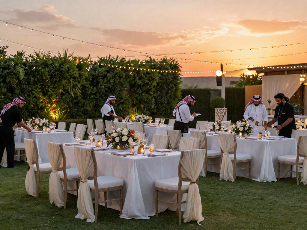 Premium event rental ksa setup showcasing elegant tables and decorations for a wedding in Saudi Arabia