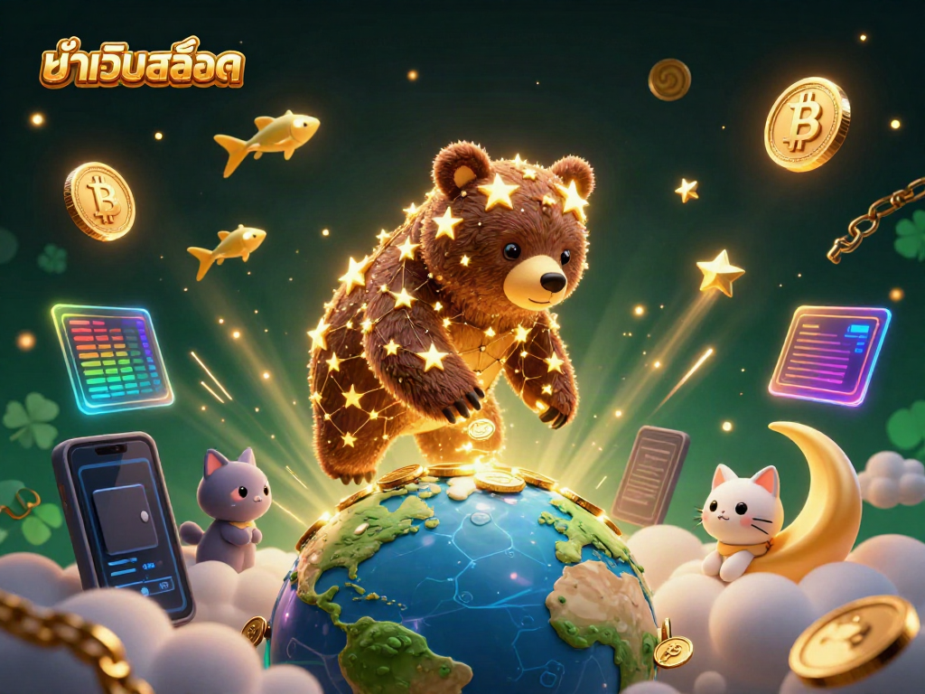 Engage with the immersive experience on หน้าเว็บสล็อต showcasing buzzing cosmic elements of gaming and cryptocurrency.