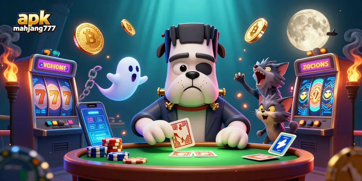 Experience the thrill of apk mahjong777 with a vibrant 3D illustration of a spooky casino setting.