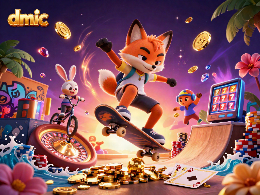 Experience thrilling gameplay with dmic featuring a fox and rabbit amidst casino symbols and vibrant elements.