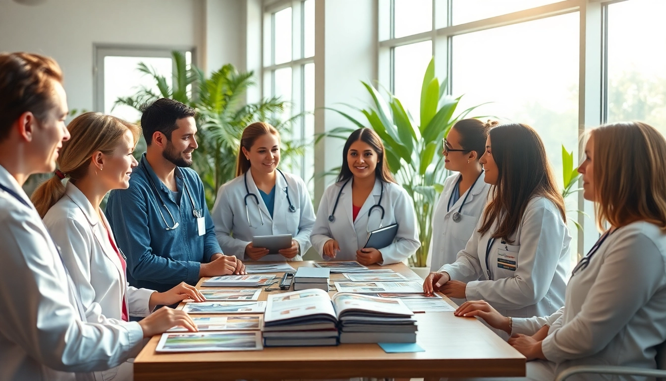 Engaging caregivers collaborate on health strategies in a vibrant healthcare setting.