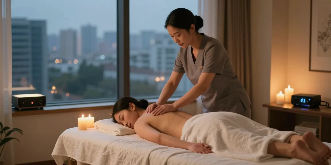 Experience 출장안마 service in a calming hotel room with a professional therapist, aromatic candles, and serene city views.