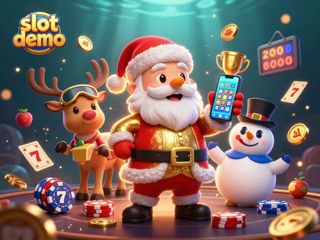 Slot demo menarik perhatian dalam ilustrasi kasino 3D dengan karakter momen jackpot.