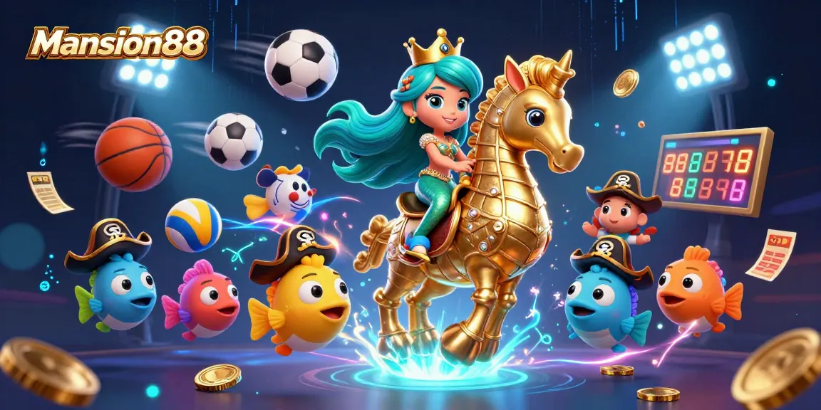 Mansion88 enhances exciting betting with vibrant 3D mermaid, giant seahorse, and animated sports elements.