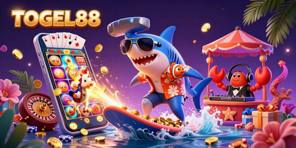 Experience the thrill of TOGEL88 with a vibrant 3D casino scene featuring fun aquatic characters.