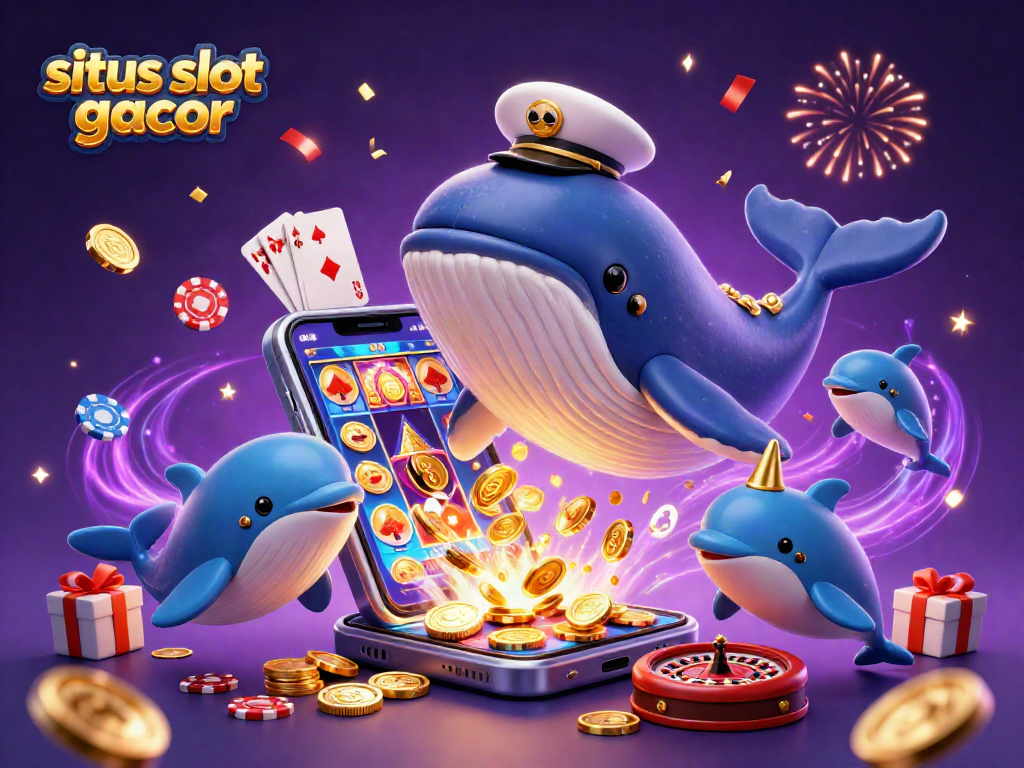 Engage with situs slot gacor in this vibrant 3D scene featuring a breaching whale and playful dolphins.