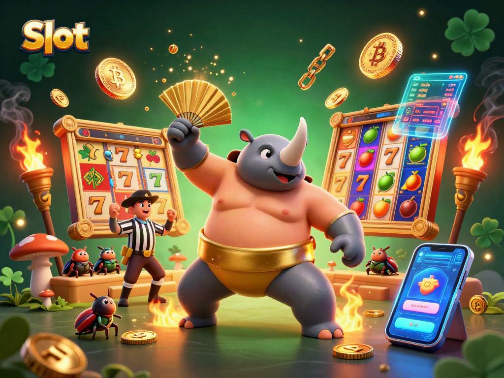 Engage with vibrant Slot action featuring beetle champions amidst cryptocurrencies and dynamic gaming symbols.