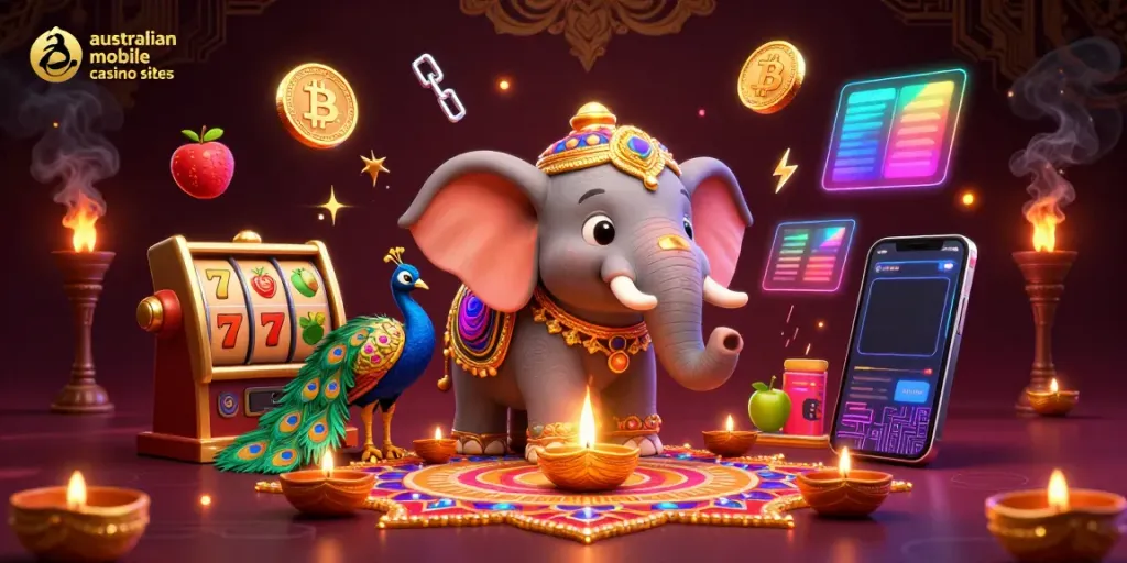 Engage with australian mobile casino sites featuring vibrant slots and a colorful 3D scene full of gambling elements.