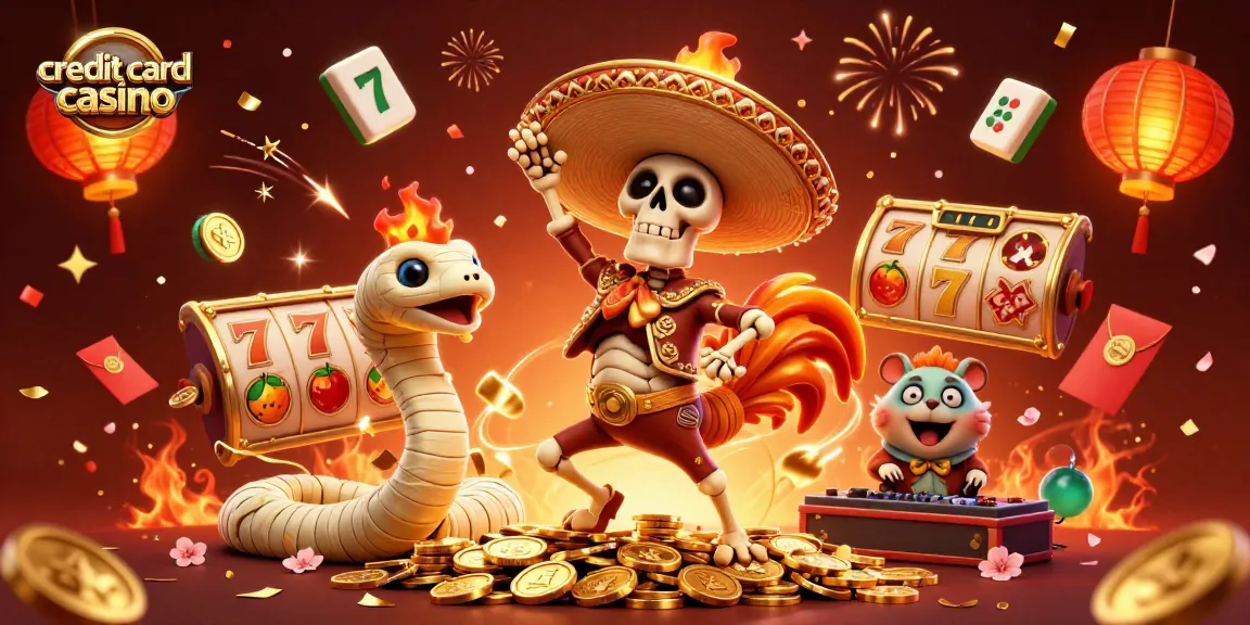 Celebrate wins at a credit card casino with a lively 3D scene featuring animated characters and gaming elements.