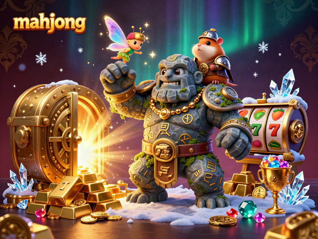 Engage in exciting mahjong gaming with a vibrant scene featuring a golem guardian, fairy magic, and treasure.