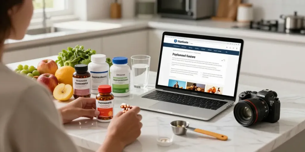 Health-conscious individual examining supplement reviews amid fresh produce in a bright kitchen.